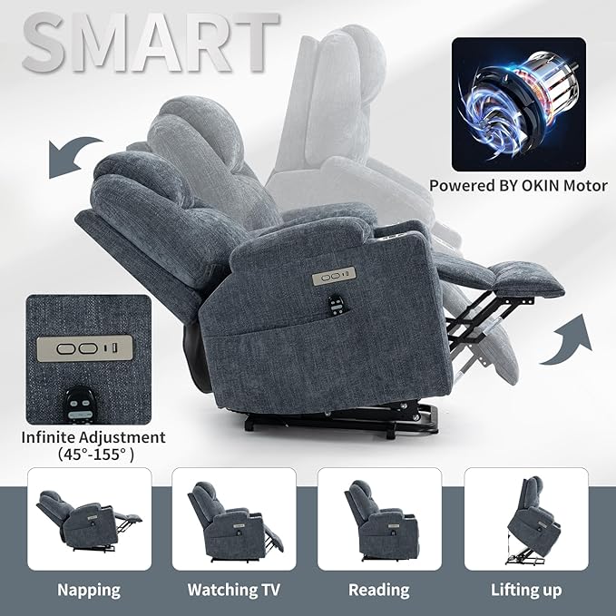 Power Lift Chair with Massage & Heat, Electric Recliner Chairs for Adults, Remote Control, Sofa for Living Room, Standing Assistance, USB Ports, Stainless Steel Cup Holders (Chenille Blue)