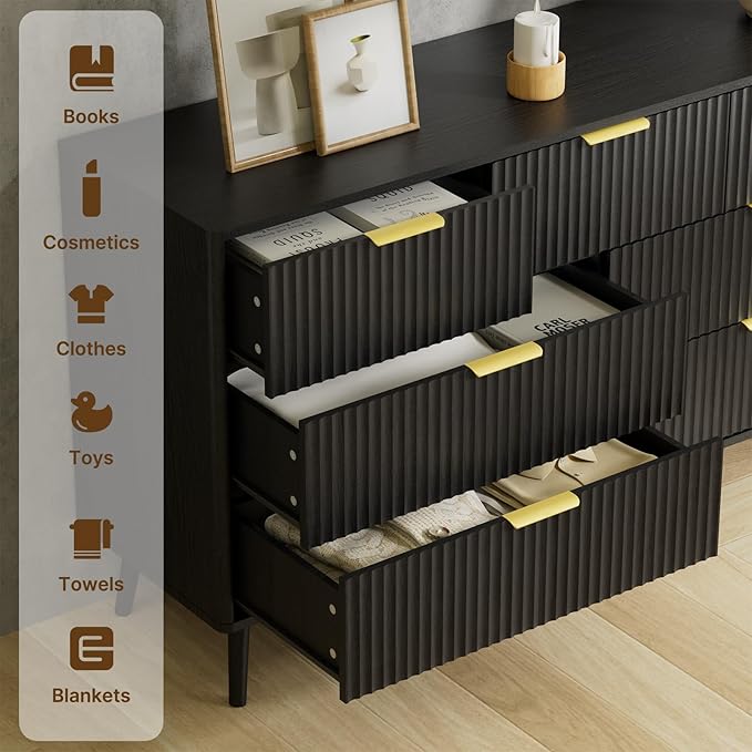 LYNSOM 55" Wide Fluted Dresser for Bedroom with 7 Drawer, Modern Chest of Drawers with Curved Profile Design and Metal Handles, Wood Dresser TV Stand & Storage Organizer for Living Room, Black