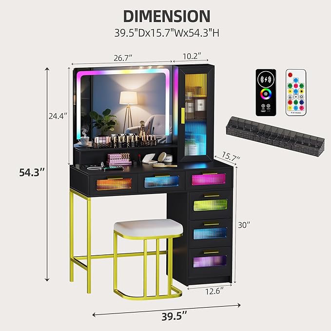 LED Make Up Vanity Desk with 20" Mirror and Light, Smart Dressing Table with 6 Drawers, 3 Shelves, 24 Color Lighting Modes, Cushioned Stool, USB Type-C Storage for Bedroom Dressing Room Black