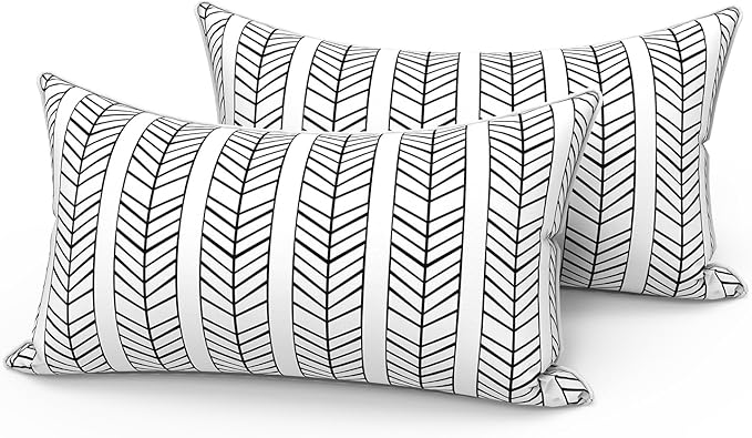 LVTXIII Set of 2 Outdoor Lumbar Pillows for Patio Furniture with White Piping, 12"x20" Fade Resistant Patio Lumbar Pillows with Inserts for Home Coach Sofa Use, Herringbone Black White