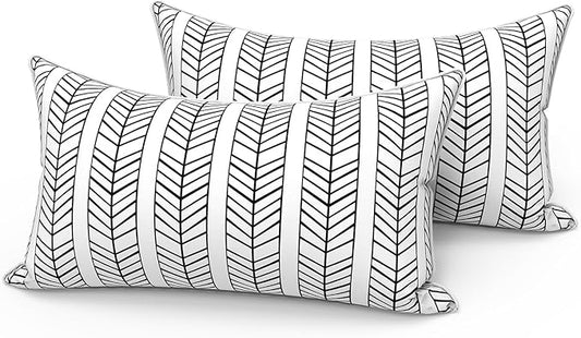 LVTXIII Set of 2 Outdoor Lumbar Pillows for Patio Furniture with White Piping, 12"x20" Fade Resistant Patio Lumbar Pillows with Inserts for Home Coach Sofa Use, Herringbone Black White