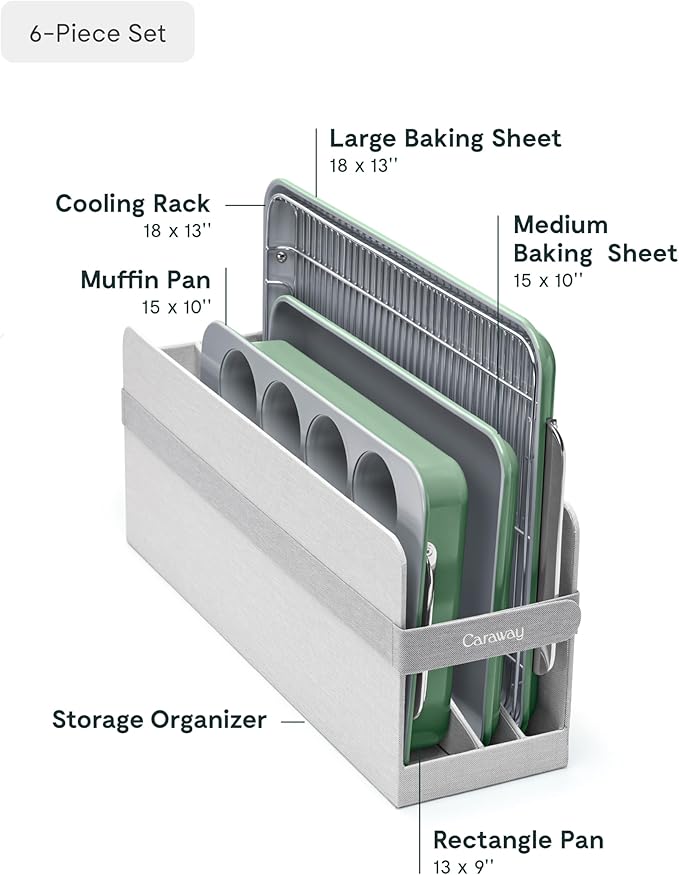 Caraway Nonstick Ceramic Bakeware Set (5 Pieces) - Baking Sheets, Assorted Baking Pans & Storage - Aluminized Steel Body - Non Toxic, PTFE & PFOA Free - Sage