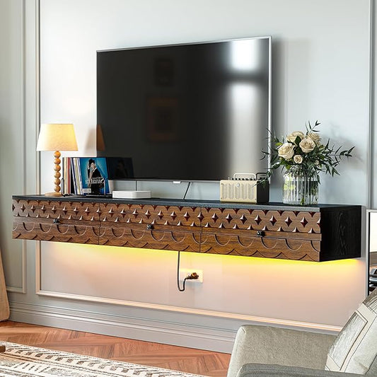 Fully-Assembled Floating TV Stand, Vintage Carved Floating Entertainment Center with Flip-Down Doors & Drawer, Walnut Wood Media Console Shelf Cabinet Under TV Storage for Living Room, 47IN