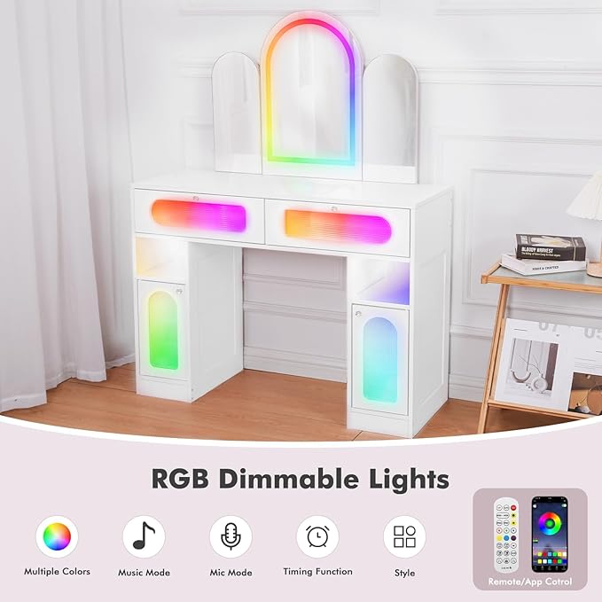 Vanity Desk with Arched Tri-Fold Mirror, Dimmable Vanity Table, LED RGB Makeup Vanity with 2 Drawers, 2 Open Storage Area & 2 Cabinets, Gifts for Girls/Women, Dressing Table (White)