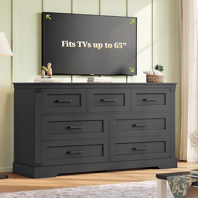 Hasuit Black Dresser for Bedroom, Wooden 55.1" Long Dressers Chest of Drawer, Farmhouse 7 Drawer Dresser with Thick Styling, Large Capacity Storage Cabinet Organizer, Wide Dressers for Bedroom Hallway