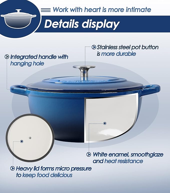 Enameled Cast Iron Dutch Oven Pot with Lid for Sourdough Bread Baking, Bread Dutch Ovens, Cooking Pots, 3.5 Quart, Indigo