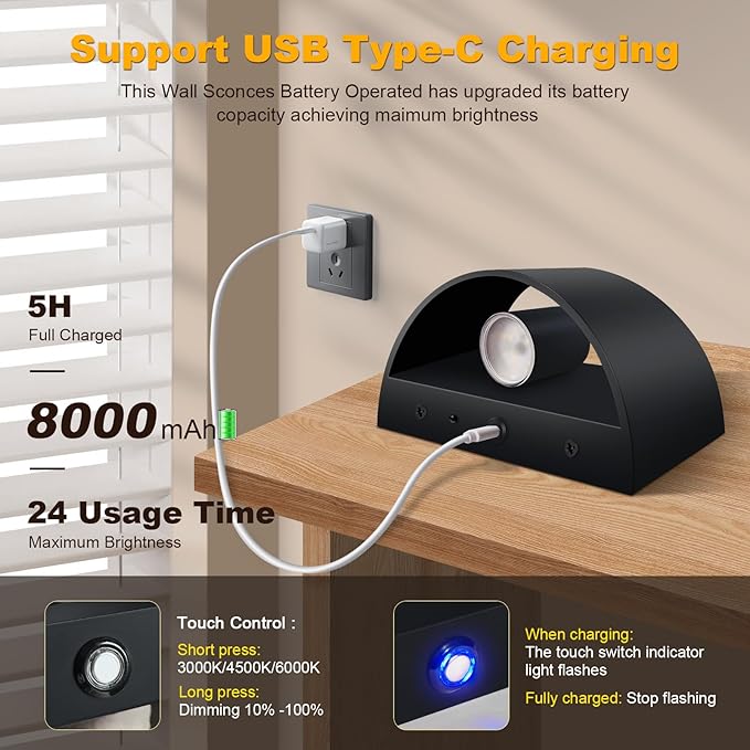 2 Pack Battery Operated Wall Sconce with Remote Control,No Hardwired Black Aluminum Wall Sconces,50W Equivalent Battery Wall Light,3000K-6500K Dimmable Wall Sconces