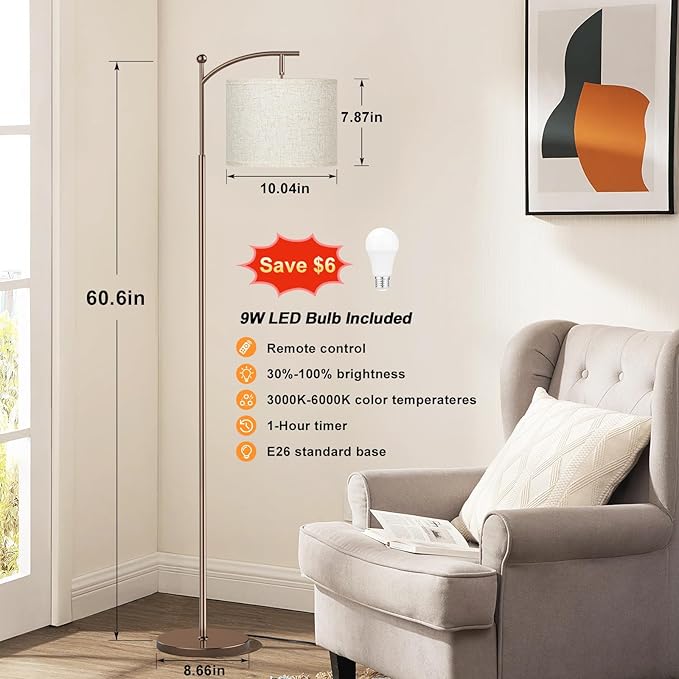 60" Floor Lamps with Remote Control & Bulb, Colors Temperature & Brightness Adjustable, Beige Shade & Brown Pole