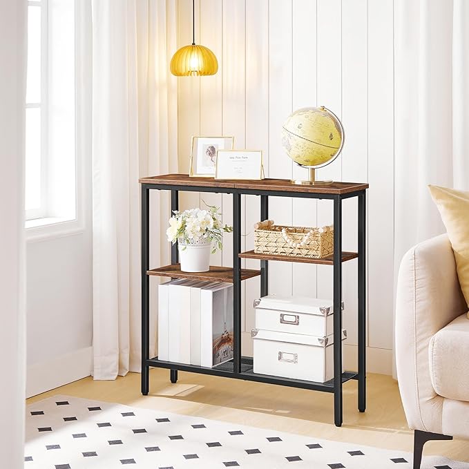 HOOBRO Narrow Console Table, Sofa Table, 4-Tier Industrial Hallway Table with Metal Mesh Shelf, Entryway Table with Adjustable Feet, for Entryway, Living Room, Hallway, Rustic Brown and Black BF79XG01