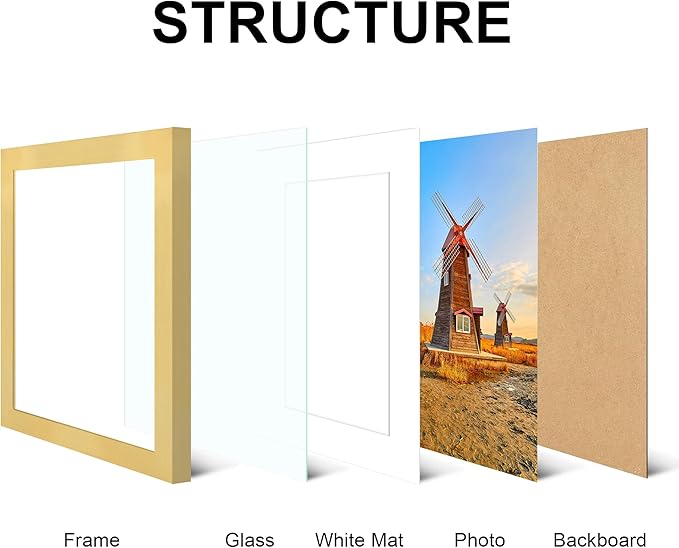 8x10 Picture Frame Set of 4, High Definition Real Glass, Display Pictures 5x7 with Mat or 8x10 Without Mat, Gallery Wall Hanging or Tabletop Photo Frames, Gold