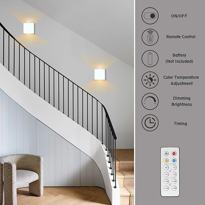HEQIQEH Modern Cube Battery Operated Wall Sconces, White LED Cube Indoor Up and Down Wall Lamp with Remote Control, Dimmable Cordless Wall Lighting Fixtures for Living Room,Bedside (White - 2 Pack)