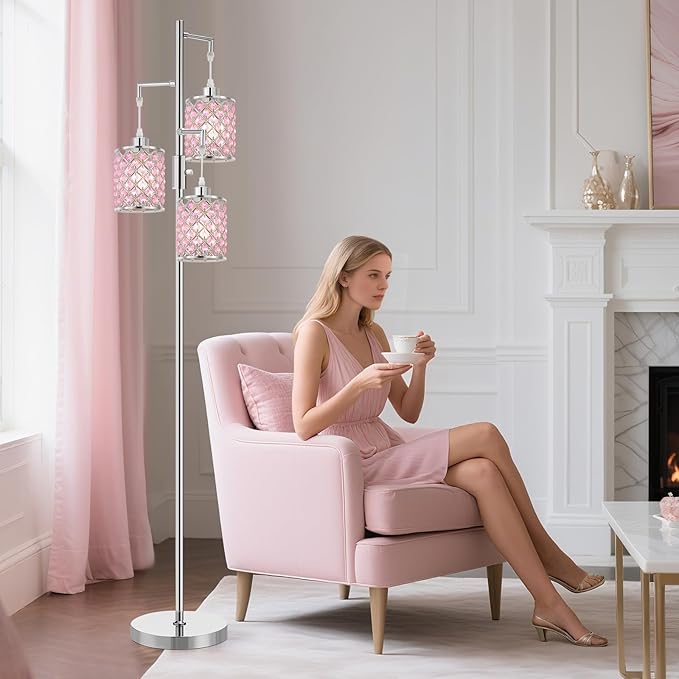 Pink Crystal Floor Lamp, 3-Light Standing Tall Lamp with Sparkling K9 Crystal Shade, Rotary Switch, Easy Assemble Lamps for Living Room, Bedroom, Home Office, Girls Room