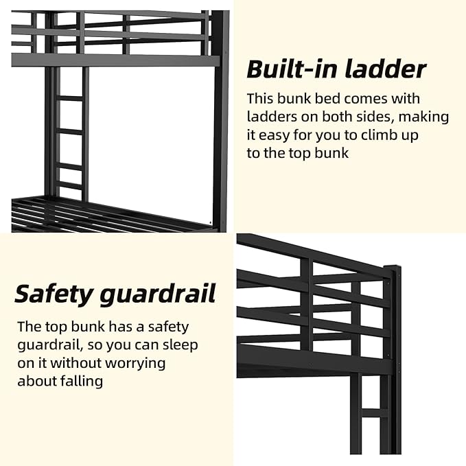 Queen Over Queen Bunk Bed Frame, Heavy Duty Metal Loft Bed for Adults/Teens, 400/600LB Capacity w/Ladder & Guardrail, Noise-Free Steel Slats, No Box Spring Required, Black