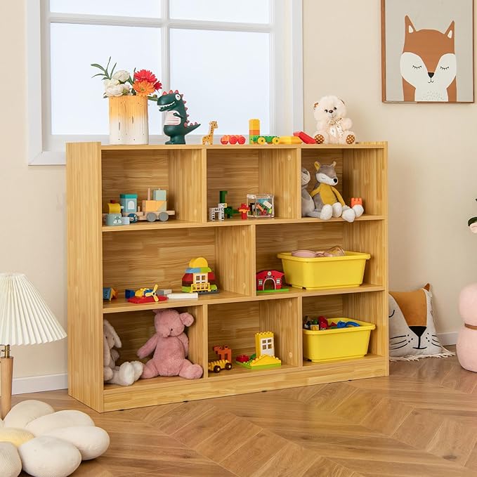Toy Storage Organizer, 3-Tier Kids Bookshelf, 8 Cube Kids' Bookcases, Cabinets & Shelves, Wooden Toy Organizers, Small Book Shelf for Bedroom, Playroom, Classroom, Nursery (Burlywood)
