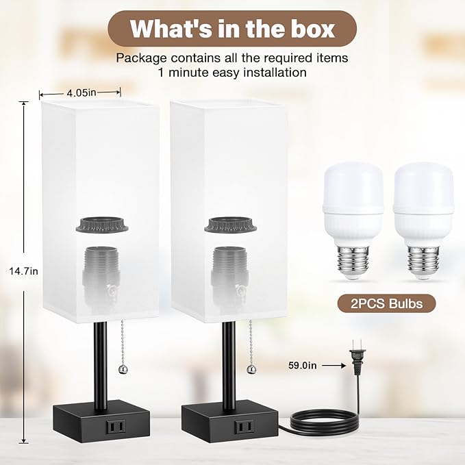 White Bedside Lamps for Bedroom Set of 2 - Small Rectangular Nightstand Lamp with AC Outlet Charging Port, 3 Color Temperatures Desk Light with Bulb, Tabletop Reading Lamp for Living Room/Dorm/Office