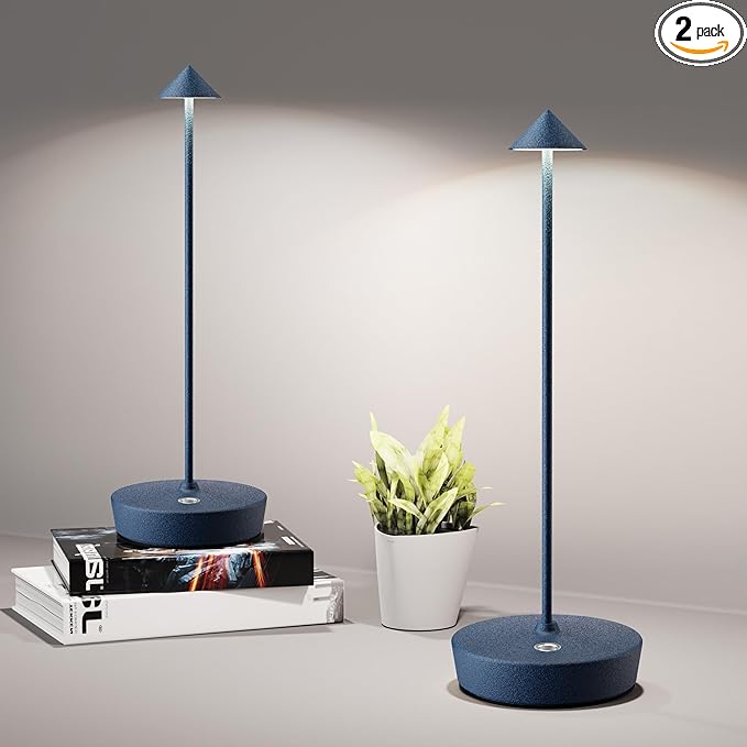 Cordless Table Lamps Rechargeable, 6000mAh Battery Operated LED Desk Lamp Outdoor Waterproof Portable Touch Dimmable Table Light for Patio Restaurant Dining Home Set of 2 Blue