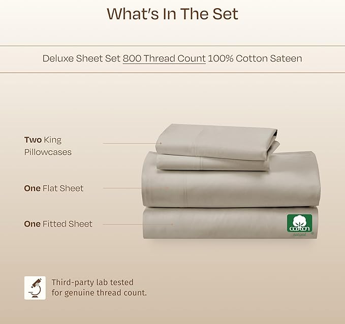 California Design Den Cal King Sheet Set Cotton - Luxury 800 Thread Count, 100% Cotton Sateen - California King Sheets Deep Pockets Bedding Set, Cooling & Softer Than Egyptian Cotton Sheets (Beige)