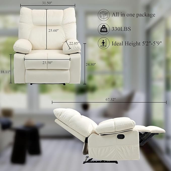 Large Boy Lazy Recliner Chair for Adults, Extra Soft and Wide Back Recliner Sofa in Velvet, Overstuffed Manual Reclining Chair for Living Room, Bedroom, Reception Room, Office, White Cream
