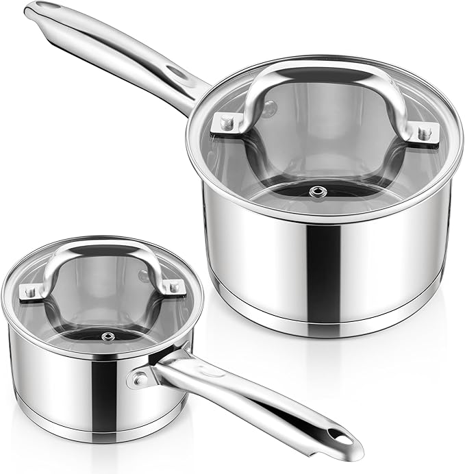 E-far Stainless Steel Saucepan with Lid Set - 2QT & 3QT, Triply Sauce Pan Induction Pot for Cooking, Boiling, Compatible with All Stoves, Visible Lid, Healthy & Non Toxic, Oven & Dishwasher Safe