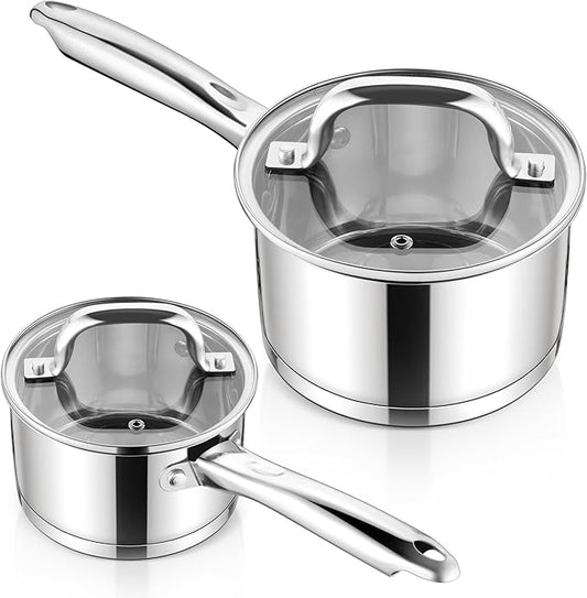 E-far Stainless Steel Saucepan with Lid Set - 2QT & 3QT, Triply Sauce Pan Induction Pot for Cooking, Boiling, Compatible with All Stoves, Visible Lid, Healthy & Non Toxic, Oven & Dishwasher Safe