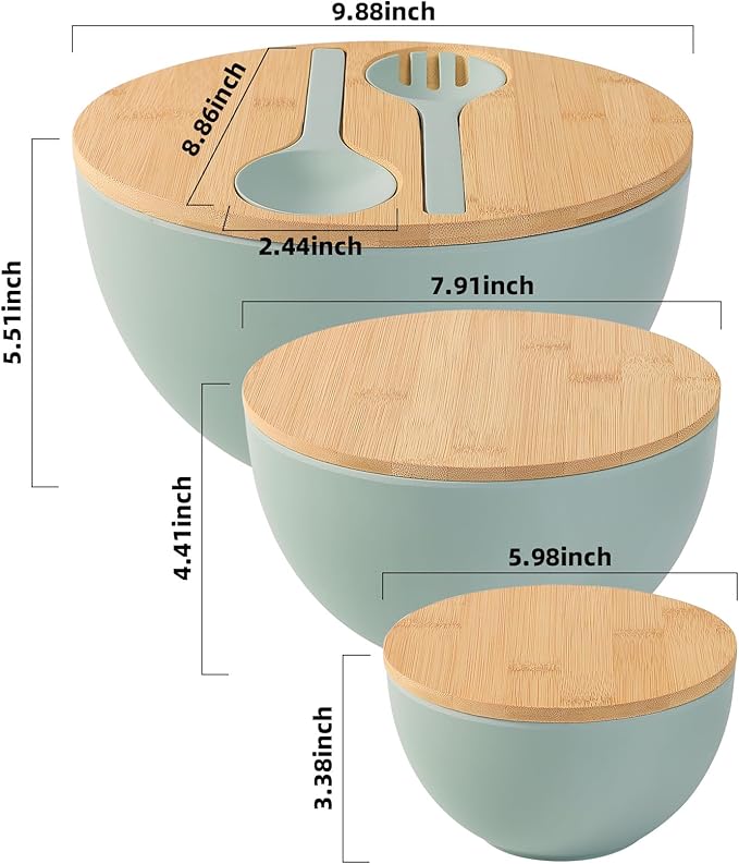 Salad Bowls Set of 3 with Lid & Serving Utensils, Bamboo Fiber Mixing Bowls Set Large Serving Bowls & Storage Set with Bamboo Lid for Salad, Kitchen Eating, Pasta, Popcorn, Chips, Fruit, Cyan
