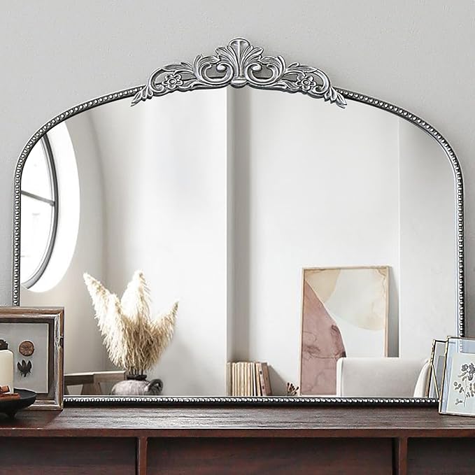 Micasso Vintage Ornate Baroque Mirror, 29" x 36" Large Silver Arched Wall Mirror for Bathroom, Living Room, Fireplace, and Bedroom