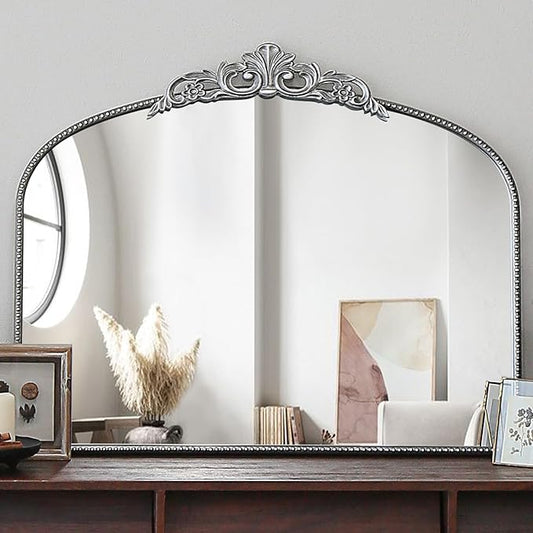 Micasso Vintage Ornate Baroque Mirror, 29" x 36" Large Silver Arched Wall Mirror for Bathroom, Living Room, Fireplace, and Bedroom