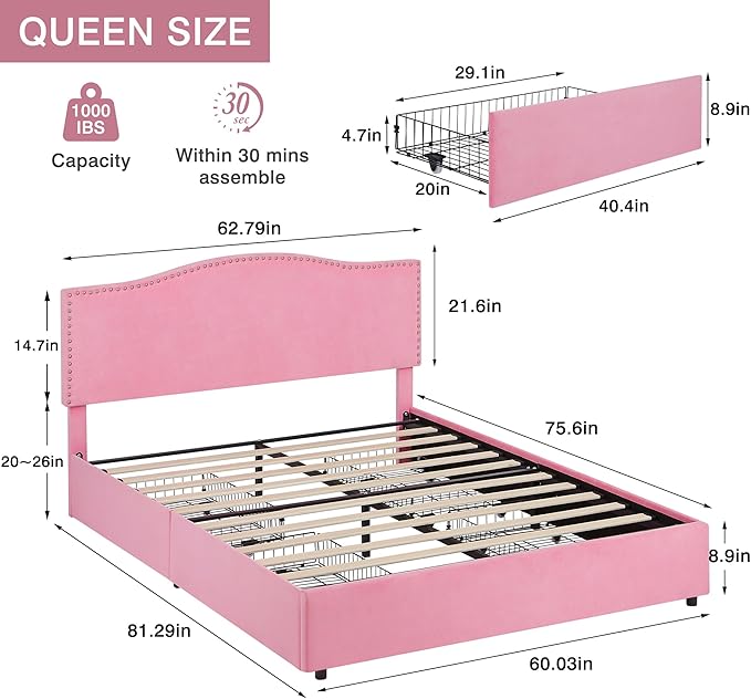 VECELO Queen Bed Frame, Platform Bed Frame with Underbed Storage Drawers and Adjustable Height Upholstered Headboard, Heavy-Duty Frame and Strong Wooden Slats Support, Noise-Free, Easy Assembly, Pink