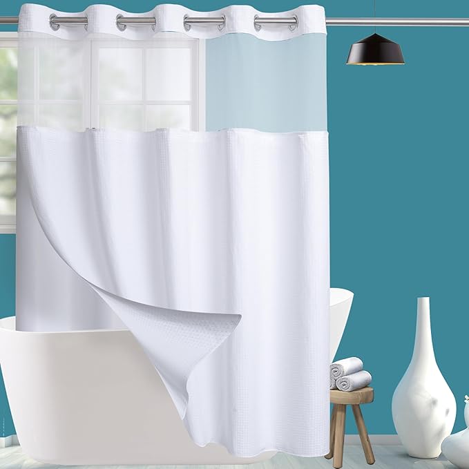Extra Wide No Hook Waffle Weave Shower Curtain with Snap in Liner Set, 108" x 74" Hotel Luxury White Shower Curtains for Bathroom with See Through Top Window, Waterproof, Washable 108W x 74H