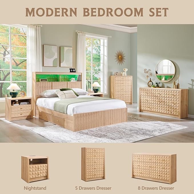 Modern 5 Drawer Dresser for Bedroom, Wooden Tall Dressers &Chests of Drawers w/Two Different Drawer Sizes, Mid Century Modern Dresser w/Diamond Panel Decorate for Bedroom,Curved Profile Design,Natural