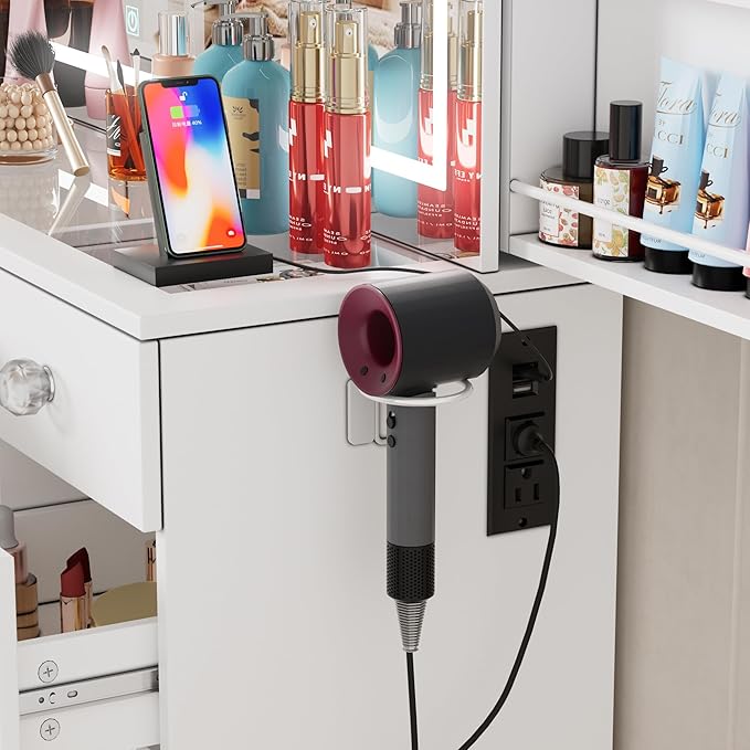 Makeup Vanity Desk with Large Mirror and Lights,White Vanity Table with Glass Top,9 Drawers,3 Color Modes,Sliding 2 Wall Mounted Jewelry Storage Racks,Suitable for Bedroom Ladies and Girls