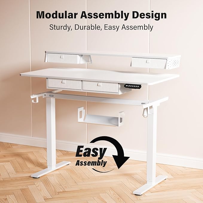 Electric Standing Desk with 4 Drawers 55''x 24'' Adjustable Height Sit to Stand Up Desk with Storage Shelf, C-Clamp Mount Compatible Black Home Office Desks Computer Gaming Table Ergonomic Workstation
