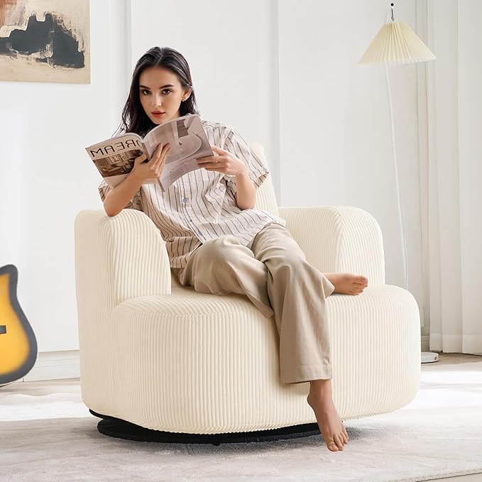Furnimart 360° Swivel Barrel Accent Chair Set of 2, Round Upholstered Comfy Lounge Chair, Corduroy High-Resilienc Foam Single Sofa, No Assembly Wide Seat for Living Room, Bedroom, Apartment (Beige)