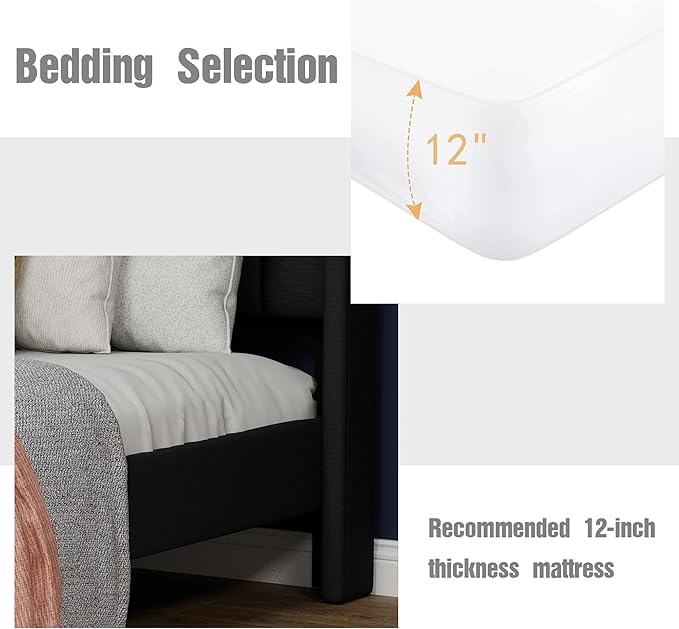 Upholstered Platform Full Size Bed Frame with Headboard Wooden Slats Support No Noise Easy Assembly Black Linen