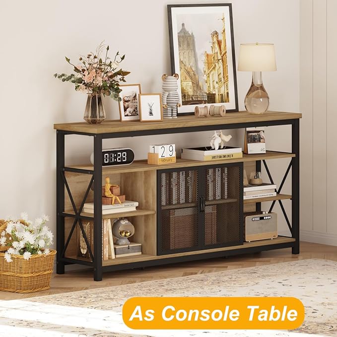 BON AUGURE Tall TV Stand for 65 55 Inch TVs, Industrial Entertainment Center with Storage Cabinet, Wood Farmhouse TV Media Console for Living Room and Bedroom (32 Inch High, Vintage Oak)