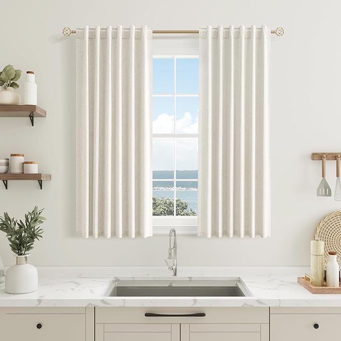 Guken 100% Blackout Linen Curtains 40 Inch Wide by 54 Inch 2 Panels Set for Living Room Bedroom Back Tab Thermal Insulated Black Out Linen Drapes Room Darkening Window Curtains, Natural