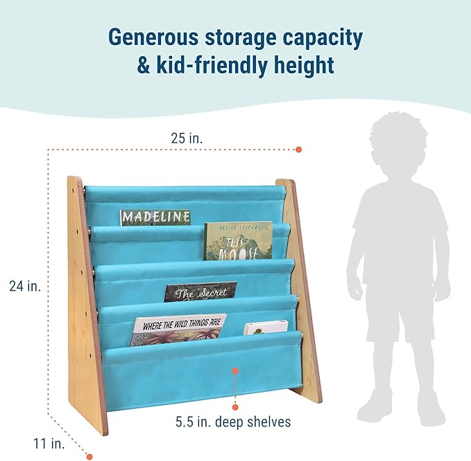 Wildkin Wooden Sling Bookshelf for Kids – Premium Canvas Design with 4 Fabric Shelves, Organizer for Home or Classroom - Natural w/Aqua