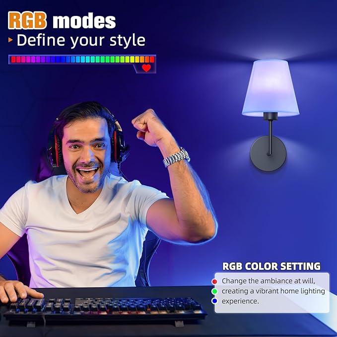 NIORSUN 13.8 inch Battery Operated Wall Sconce Set of 2,Black Rechargeable Wall Lights with 5200mAh Dimmable Detachable Bulbs and Remote,9 Colors Wireless Sconces for Bedroom Living Room Hallway