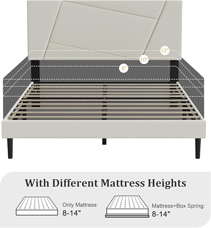 Full Size Bed Frame, Full Platform Bed Frame with Velvet Upholstered Headboard, Geometric, Sturdy Frame and Wooden Slats, Noiseless, No Box Spring Required, Easy to Assemble，Beige