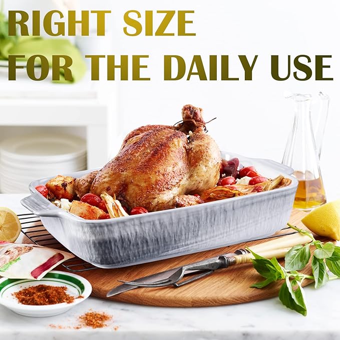 Yundu Grey Ceramic Bakeware Set of 3, Baking Pans Set, Casserole Dishes for Oven, Rectangular Lasagna Pans Deep with Handles for Baking Cake Kitchen(9.5"/12.4"/14.4")