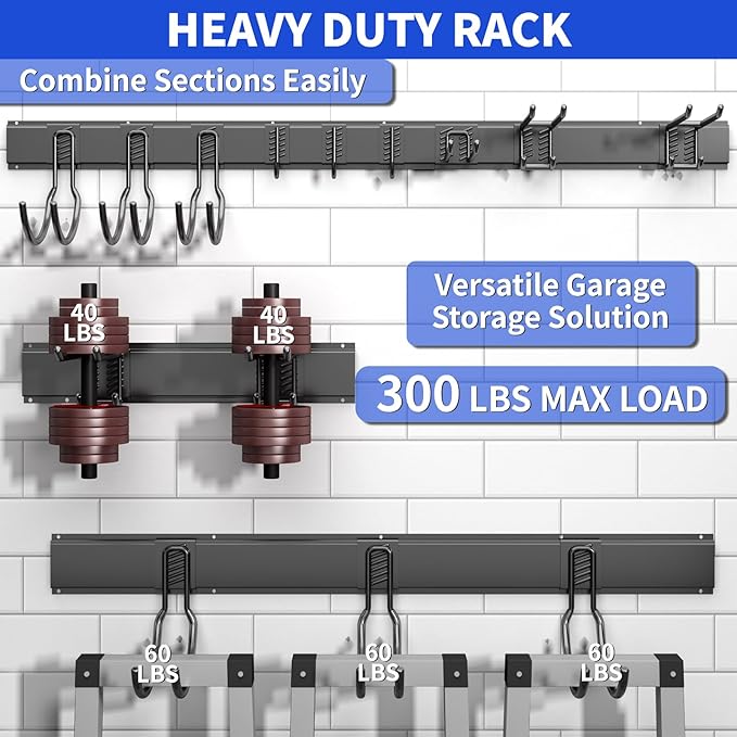 Shed Tool Organizer Wall Mount, 64inch Heavy Duty Garden Tool organizer Storage System, Easy Install With 10 Adjustable Hooks, For Garage, Basement, Shed, Workshop(Black)