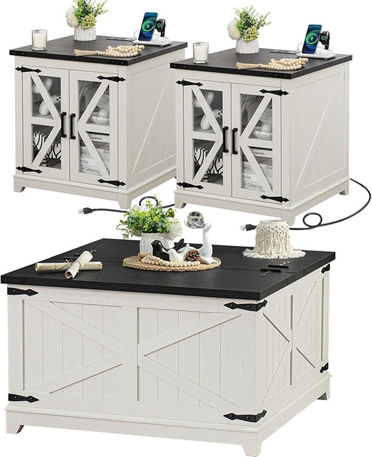 Farmhouse Coffee Table Sets 3 Pieces, Large End Side Tables with Charging Station and Coffee Table with Hidden Storage Compartment, White Living Room Table Set, Wood Furniture Sets for Home Office