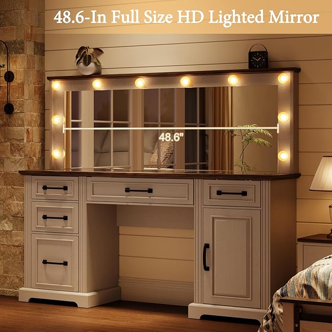 55" Farmhouse Vanity Desk with Large Mirror & Lights, Glass Top Large Makeup Vanity Table with 10 Hollywood Lights Bulbs, Charging Station, 5 Drawers, Dressing Table for Bedroom, Rustic White