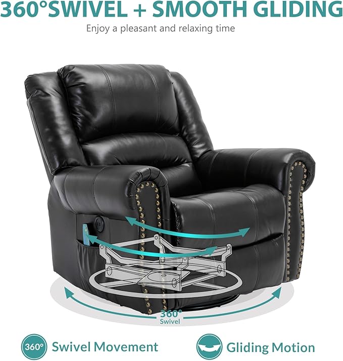 MEETWARM Massage Swivel Rocker Recliner with Heat and Vibration, Manual Glider Rocking Recliner Chair, 360°Swivel Lounge Reclining Chair with Remote Control/USB Ports for Living Room(Black)