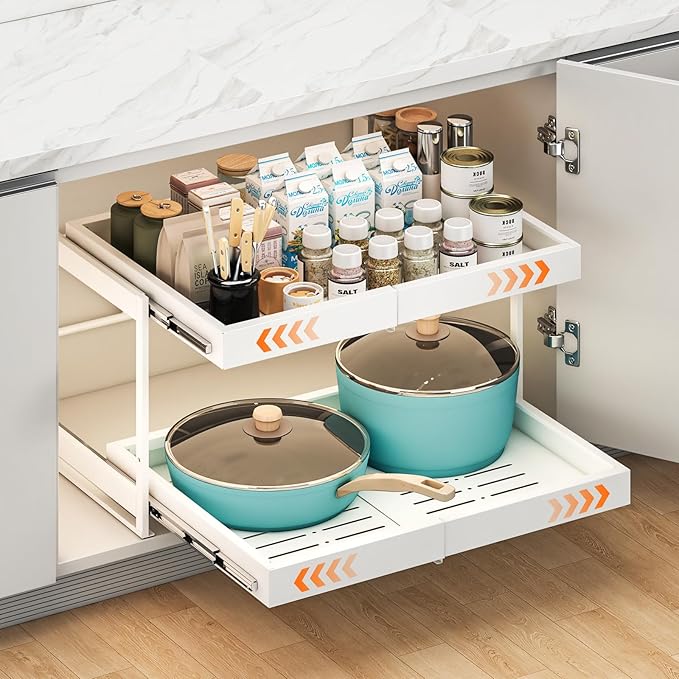 2-Tier Expandable Pull Out Cabinet Organizer, 16.9" Deep Heavy-Duty Slide Rail Slide Out Drawer Organizers with Adhesive Nano Film for Pots, Roll out Shelf Storage for Kitchen & Pantry Storage,White