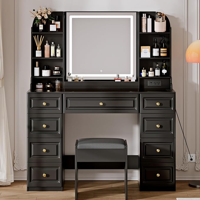 42" Makeup Vanity Desk with Mirror and Lights, & Power Outl, Glass Top Big Vanity Table with 9 Drawers& 8 Storage Shelves, Dressing Table Set with Chair for Bedroom, Black