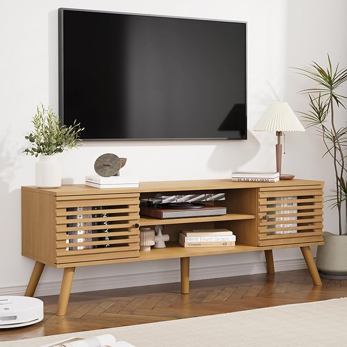 53" Mid Century Modern TV Stand for 50/55/60 inch TV, TV Media Console with Slatted Doors for TVs up to 60", Entertainment Center with Storage for Living Room, Bedroom, Oak