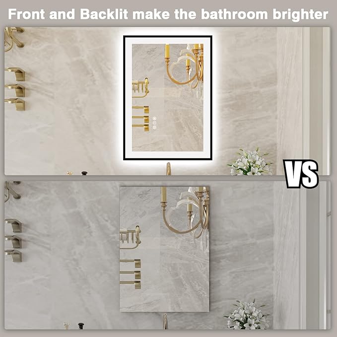 20x28 LED Bathroom Mirrors for Wall -Black Aluminum Framed (Front and Backlit), Anti-Fog Vanity Mirror With Lights,Stepless Dimmable Lighted Mirror,3 Colors Smart Mirror(Horizontal/Vertical)