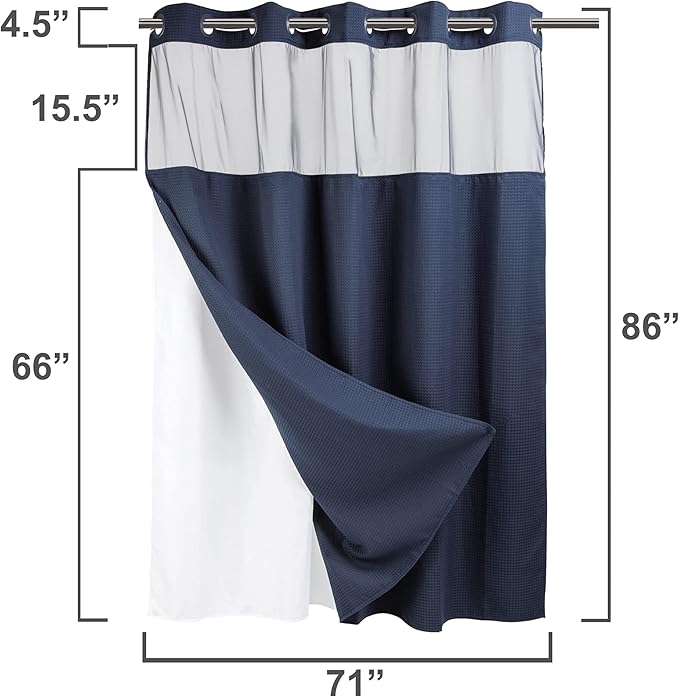 River Dream Heavyweight No Hooks Required Dotted Waffle Weave Shower Curtain with Snap in Liner -Extra Long 71W x 86H,Hotel Grade,Spa Like Bath Curtain,Navy
