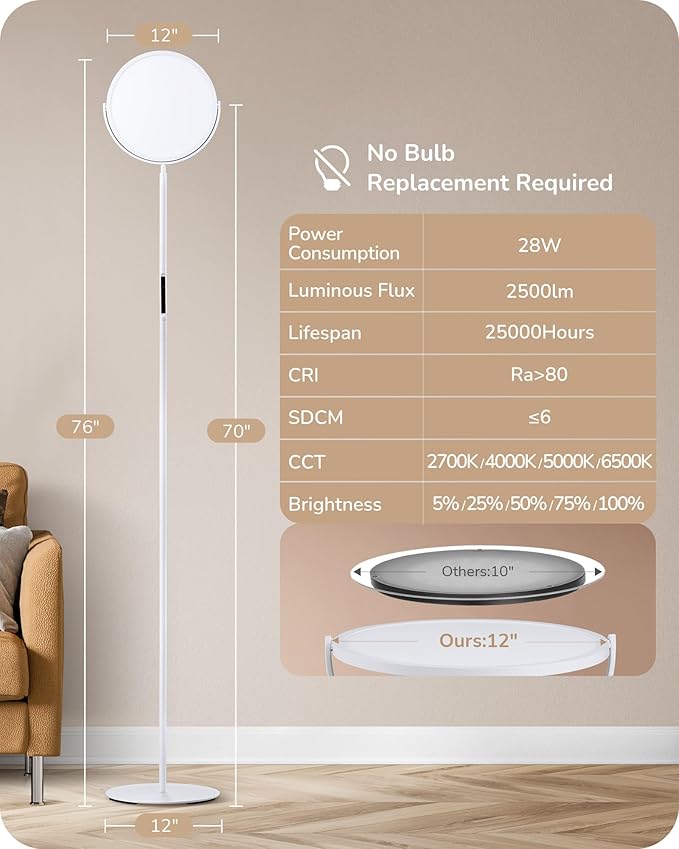 EDISHINE 76" Tall Floor Lamp, 28W 2500LM Bright LED Lights for Living Room, 300° Flexible Head Modern Torchiere Corner Lamps with Remote, 2700K-6500K Dimmable Standing Lamps for Bedroom, Office, White